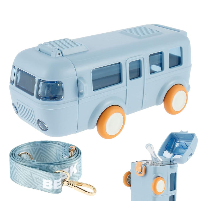 MIXDE Car Straw Water Cup, 16oz Summer Cute Bus Water Bottle with Shoulder Strap, Leak-Proof Kids Square Drinking Cup Cute Cartoon Water Jug Toy Locking Flip Lid Water Kettle for Kids (Blue)