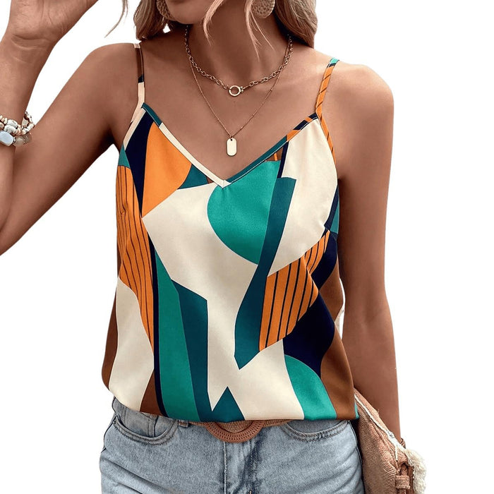 GORGLITTER Women's Geo Print Twist Back Cami Tops V Neck Sleeveless Backless Casual Tops