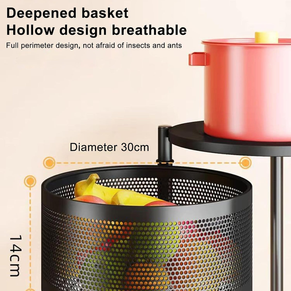 SKY-TOUCH 5 Tier Kitchen Storage Shelf, Rotatable Fruit Vegetable Basket, Circular Rotating Basket Large Storage Rack with 4 Movable Wheels – image 4
