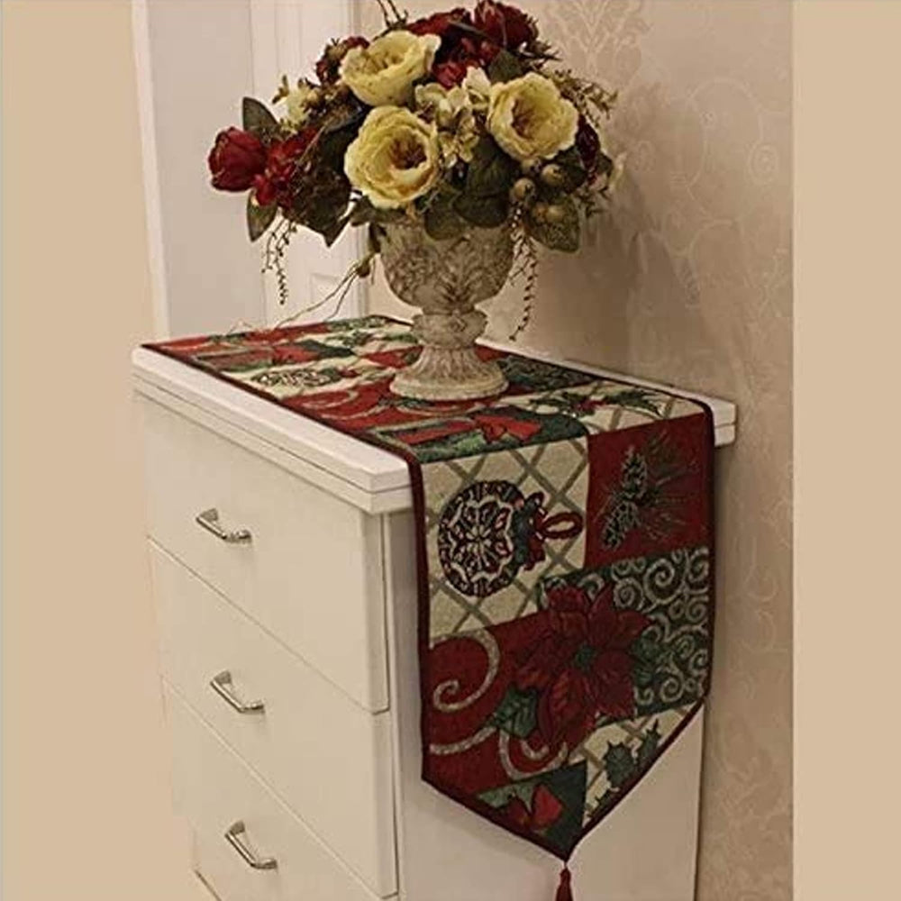 Sulfar Christmas Decorative Table Runner 13 x 71 inch Cotton Table Cloth with Tassels Floral Sofa Table Decor for Christmas & Thanksgiving Party