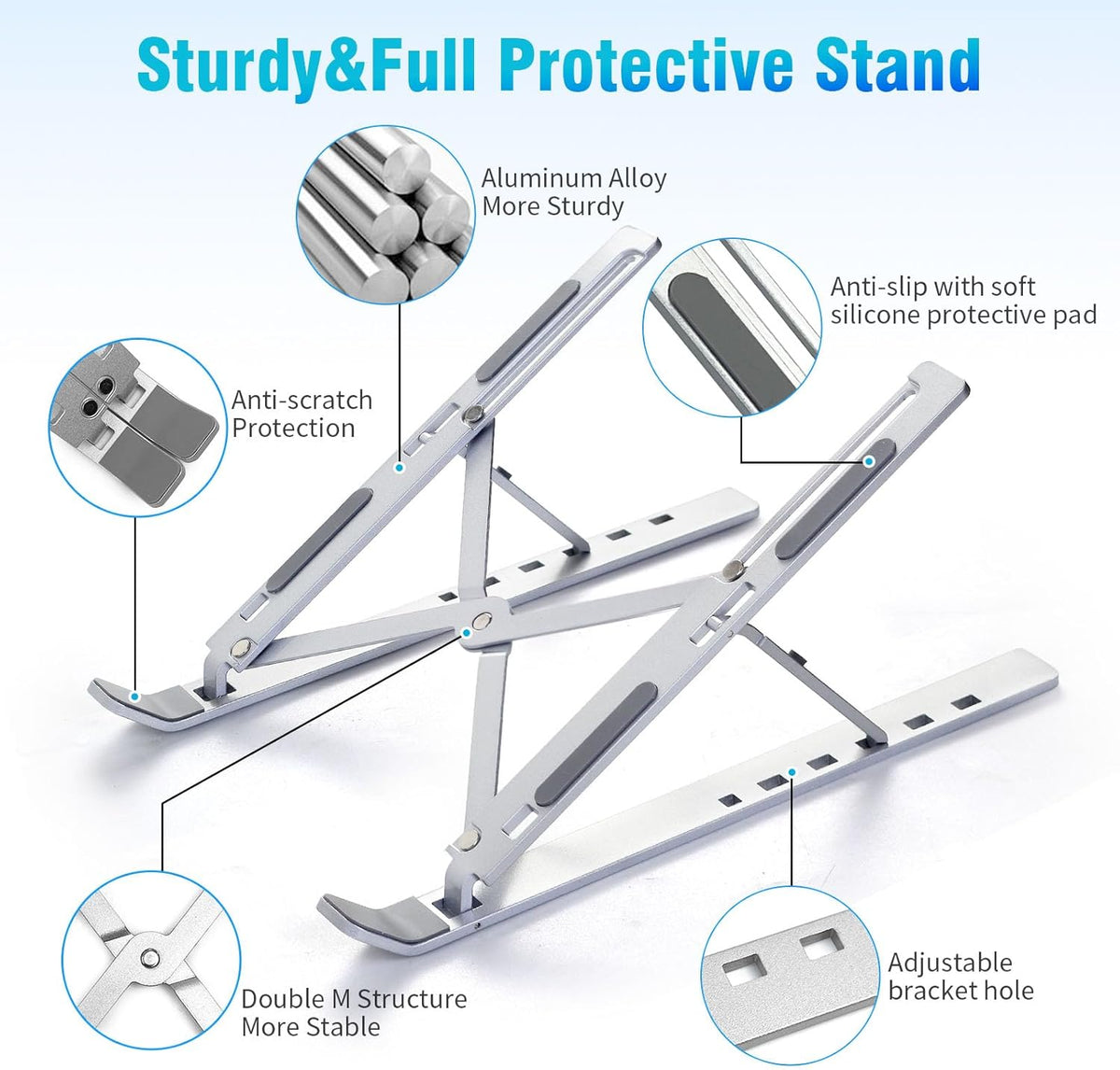 SKY-TOUCH Laptop Stand for Desk, Adjustable ABS+Silicone Foldable Portable Laptop Holder, Ventilated Cooling Notebook Stand for MacBook Pro Air, Lenovo, Dell, HP, Laptops,Tablet - silver-new – image 2