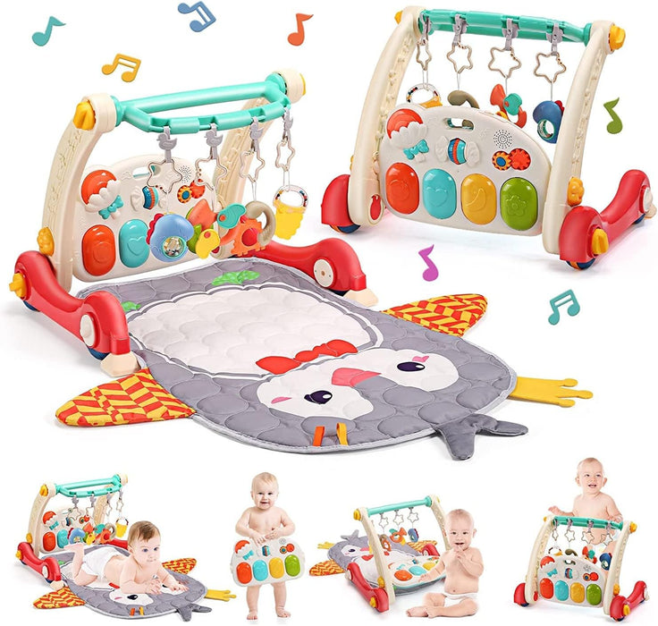 2 in 1 Baby Gym Play Mat & Baby Learning Walker,Baby Activity Mat with Removable Play Piano Panel,Musical Activity Center with Lights, Baby Push Walkers & Tummy Time Mat for Infant Newborn Toddlers