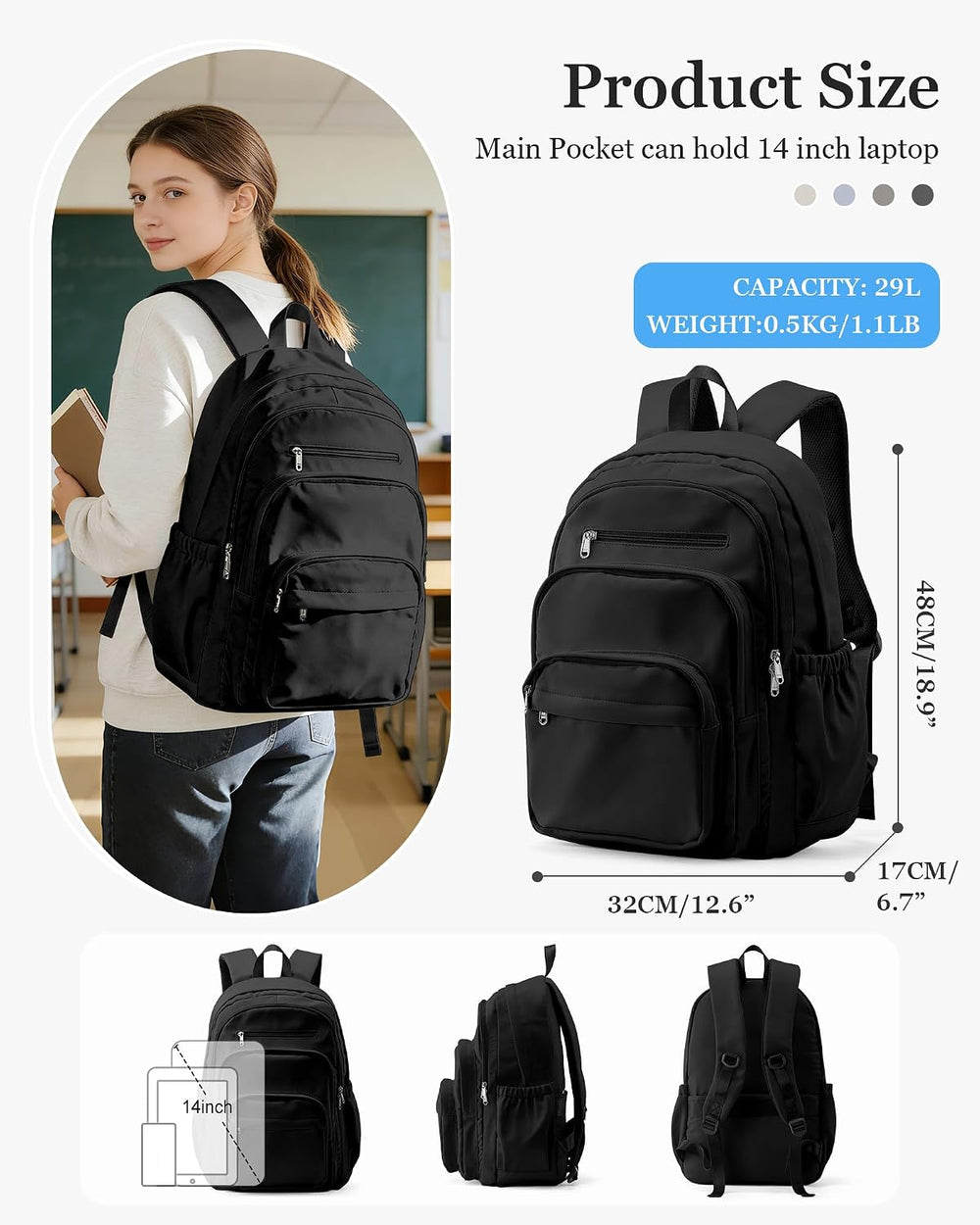WEPOET Backpack Women Men School Backpack Large with Many Compartments Waterproof Backpack Lightweight for School Backpack Teenager Daypacks Backpack for Boys Girls, A1 black, Rucksack Backpacks