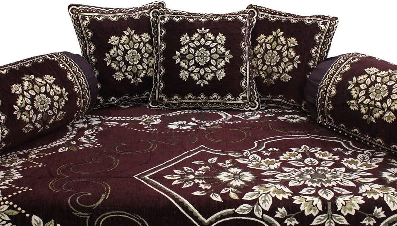 FRESH FROM LOOM Velvet Abstract 500 TC Diwan Set Brown - 1 Single Bedsheet with 2 Bolster Covers and 5 Cushion Covers (8pc Set)