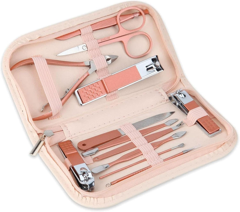 Tazweeq Nail Clippers and Beauty Tool Portable Set, Rose Gold Martensitic Stainless Steel Manicure Set 12 in 1, with Pink Leather Bag, Suitable for Home, Workplace, Outdoor Travel, Gift Giving, Salon