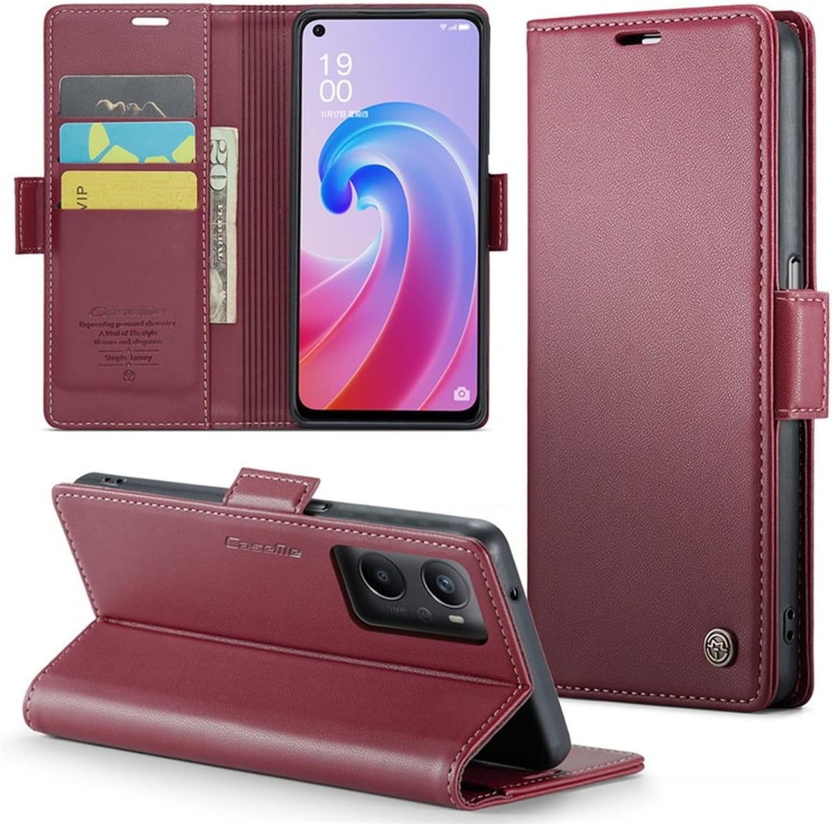 For Oppo A96 4G / A36 / A76 / K10 4G / Realme 9i 4G Leather Case RFID Blocking 3 Card Slot Mobile Cover - Red – image 1