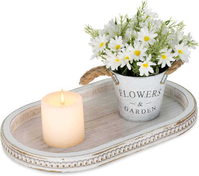 Hanobe Decorative Serving Tray Wood: White Washed Bead Round Tray Decor for Coffee Table Rustic Wooden Trays Farmhouse Centerpiece for Living Room Kitchen Counter