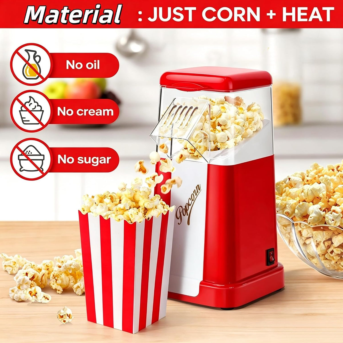 Spardar Oil-Free Home Popcorn Maker, Air Popcorn Popper with Measuring Cap, Ideal for Parties, Gatherings, Movie Nights, Gifts, Includes 3 Boxes, Red – image 8