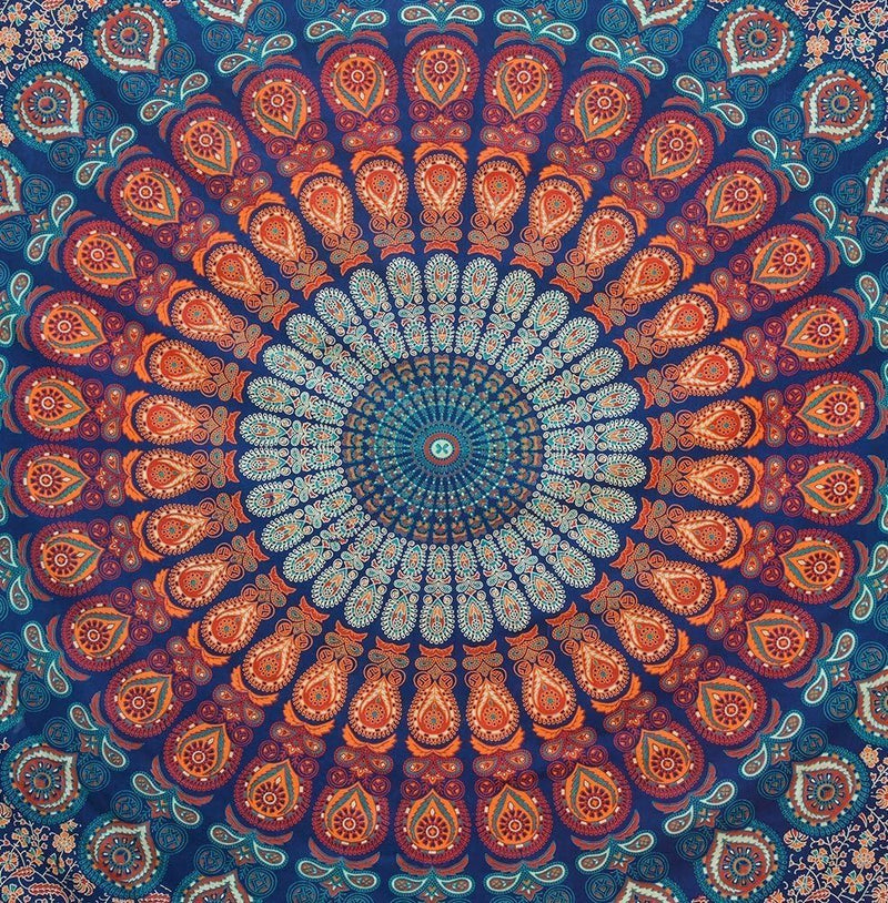 Bless International, Indian Wall Hanging Psychedelic Hippie Bohemian Peacock Mandala Tapestry Bed Sheet Gold Pink Blue King 225x265cm