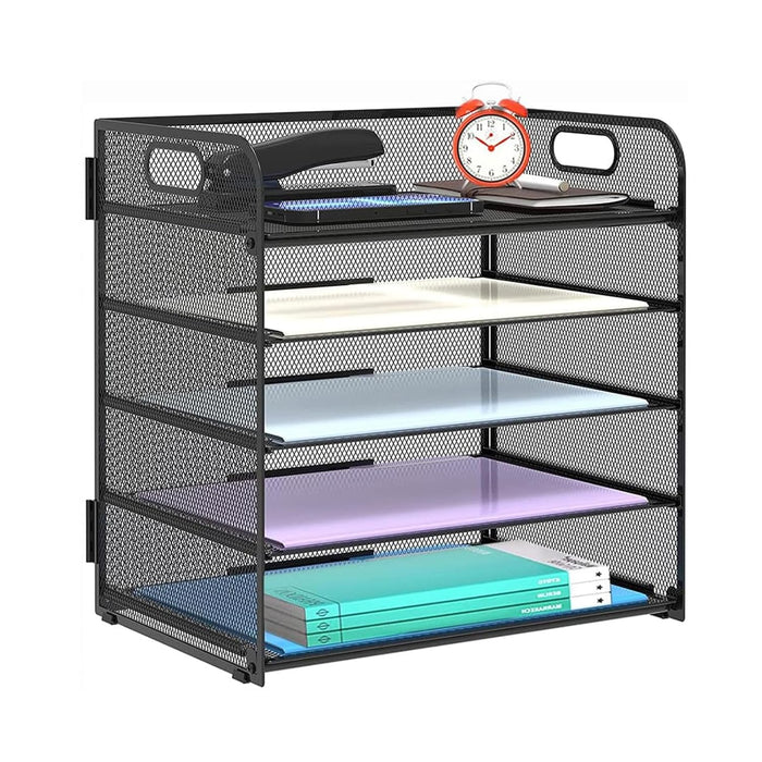 WAN Letter Tray Paper Organizer 5-Tier Desktop File Organizer,Desktop Organizer with Handle Black Metal Desktop Document Shelf for Office,Home or School