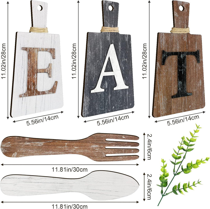 Jetec Cutting Board Eat Sign Set Hanging Art Kitchen Fork and Spoon Wall Decor Rustic Primitive Country Farmhouse for Home Decoration ()