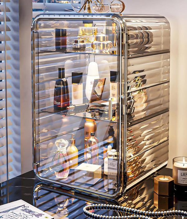 Makeup Storage Organizer,Large Capactiy Perfume Skincare Organizer with Divider,4 Layer Dustproof Cosmetic Display Cases with Magnetic Door for Vanity,Skincare,Bathroom Countertop (Clear-4tier)
