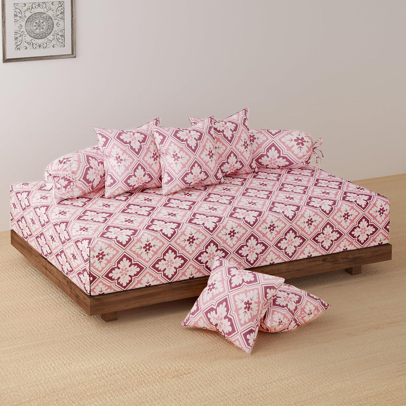 HOKIPO Cotton Feel Brushed Microfiber 145 GSM Printed 8 Pcs Diwan Set with 1 Bedsheet 60x90 Inches|2 Bolster Covers 20x27 Inches|5 Pillow Covers 16 Inches (D5-IN-778), Multicolor