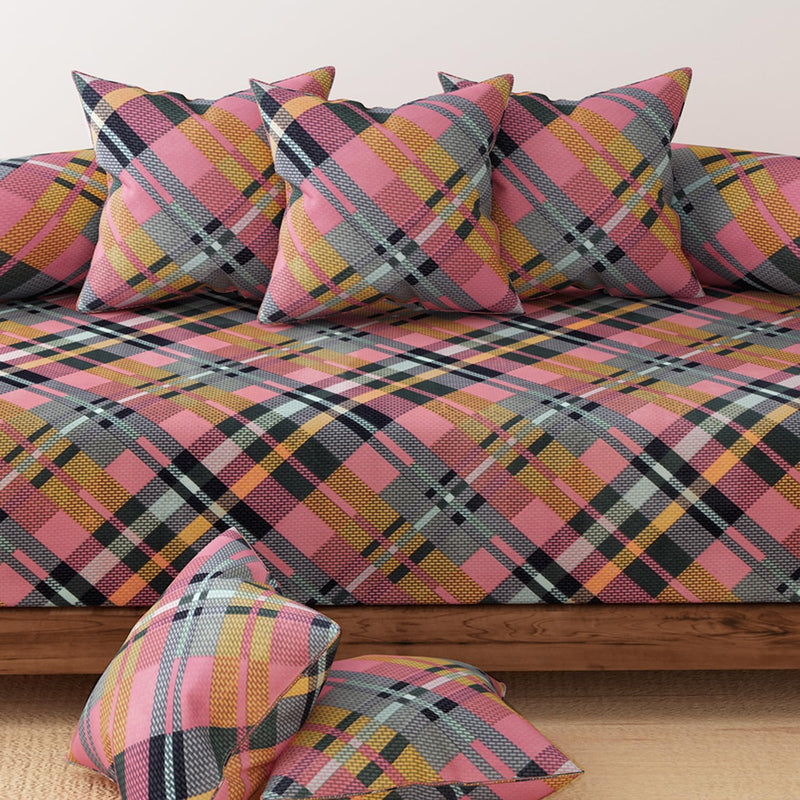 HOKIPO Cotton Feel Brushed Microfiber 145 GSM Printed 8 Pcs Diwan Set with 1 Bedsheet 60x90 Inches|2 Bolster Covers 20x27 Inches|5 Pillow Covers 16 Inches (D5-IN-778), Multicolor