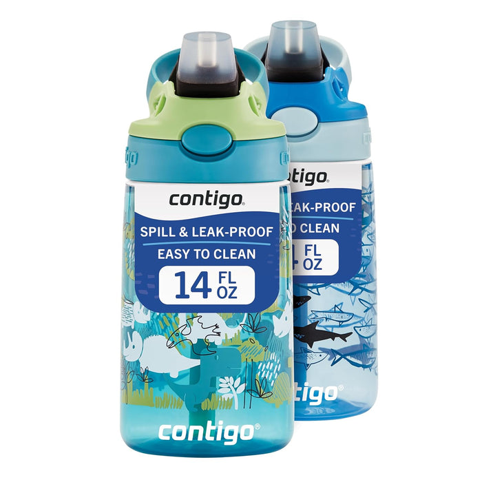 Contigo Kids Water Bottle with Redesigned AUTOSPOUT Straw, 14 oz., Dinos & Sharks, 2-Pack
