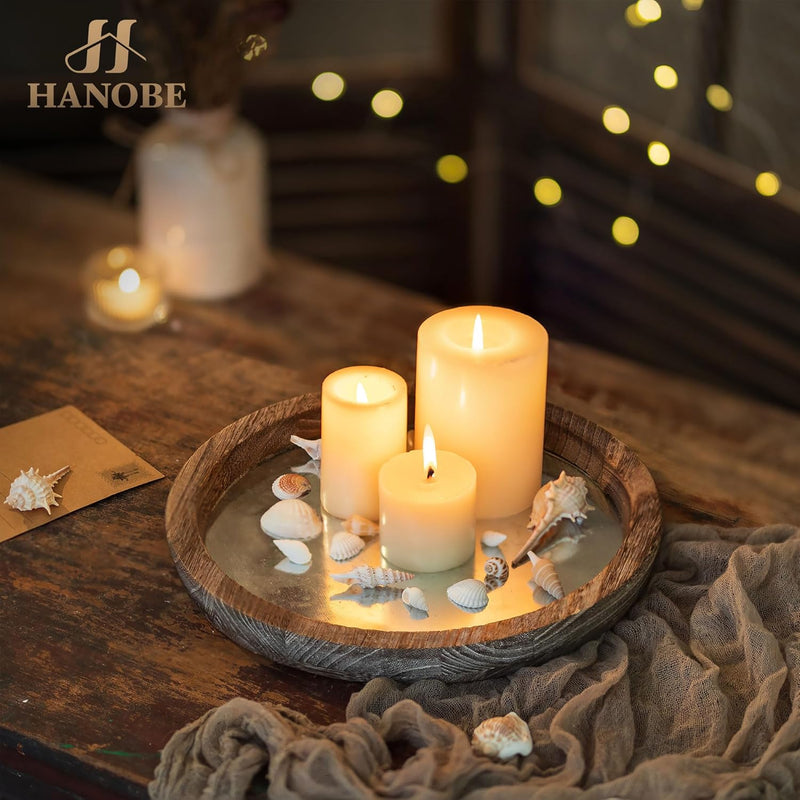 Hanobe Candle Plate Holder Tray: Round Wooden Decorative Candle Plate Small Farmhouse Table Centerpiece Rustic Wood Tealight Pillar Trays for Christmas Wedding Halloween Home Decor