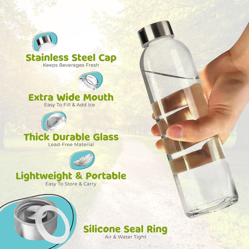 HOOJO® 1L Glass Water Bottles – Set of 3 Reusable 32oz Bottles with Leakproof Stainless Steel Lids – Durable Clear Glass for Juice, Tea, Milk, Smoothies & Hot or Cold Beverages