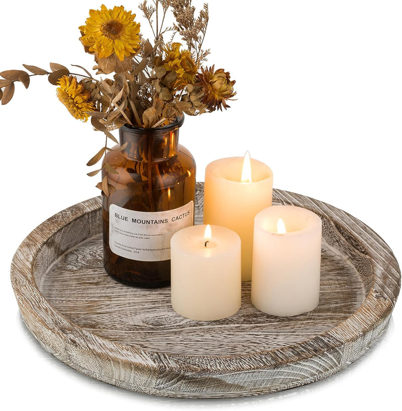 Hanobe Candle Plate Holder Tray: Round Wooden Decorative Candle Plate Small Farmhouse Table Centerpiece Rustic Wood Tealight Pillar Trays for Christmas Wedding Halloween Home Decor