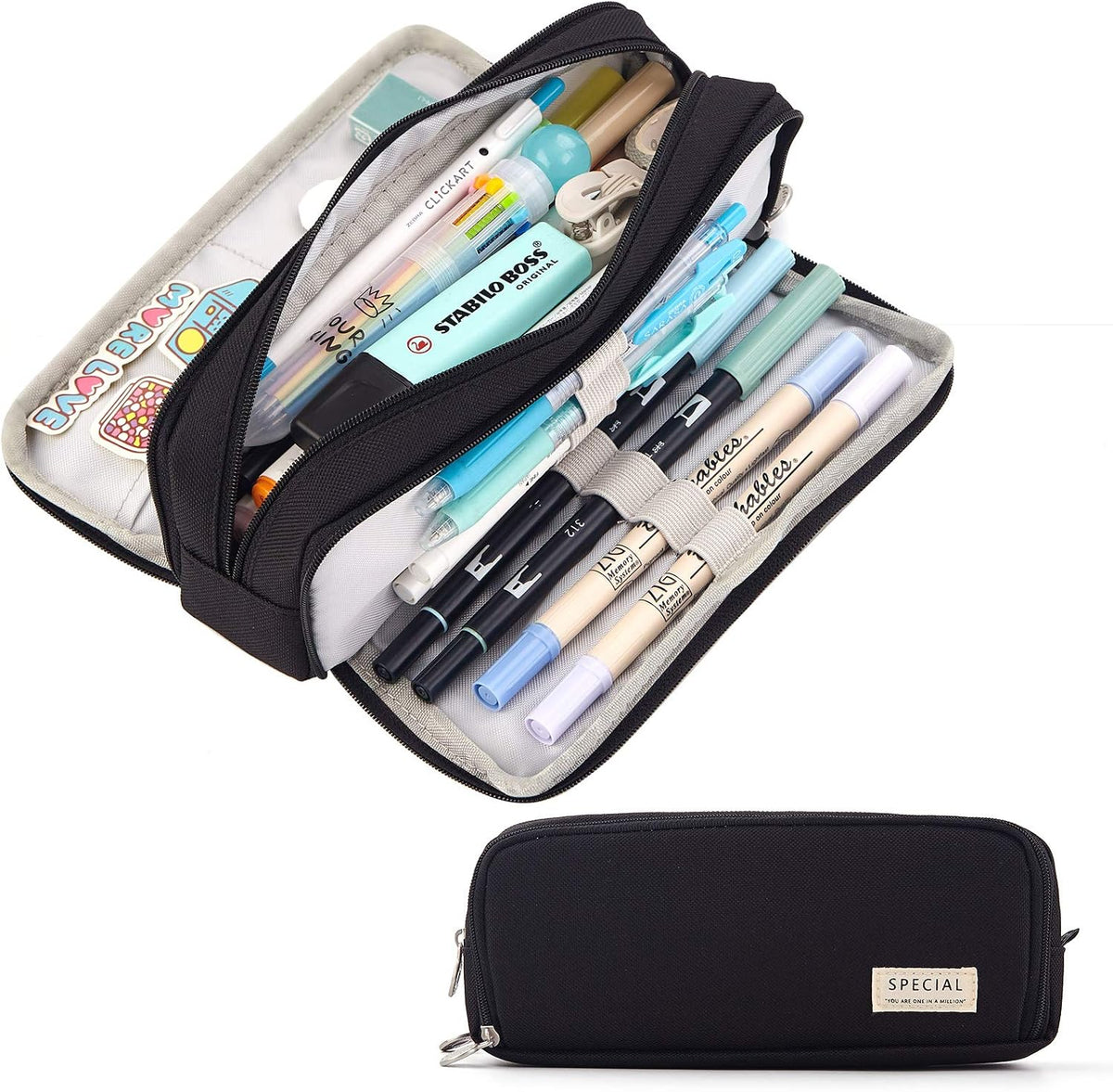 Large Capacity Pencil Case 3 Compartment Pouch, Pen Bag for School Teen Girl Boy Men Women (Black) – image 1