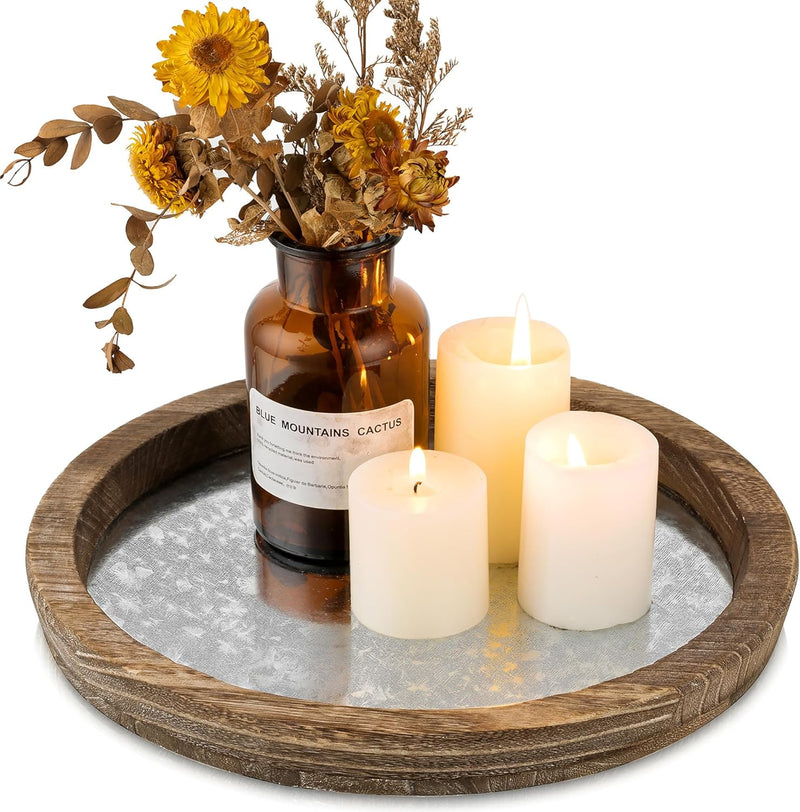 Hanobe Candle Plate Holder Tray: Round Wooden Decorative Candle Plate Small Farmhouse Table Centerpiece Rustic Wood Tealight Pillar Trays for Christmas Wedding Halloween Home Decor