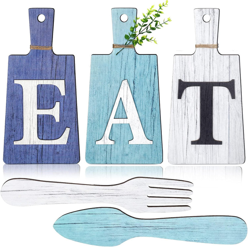Jetec Cutting Board Eat Sign Set Hanging Art Kitchen Fork and Spoon Wall Decor Rustic Primitive Country Farmhouse for Home Decoration ()