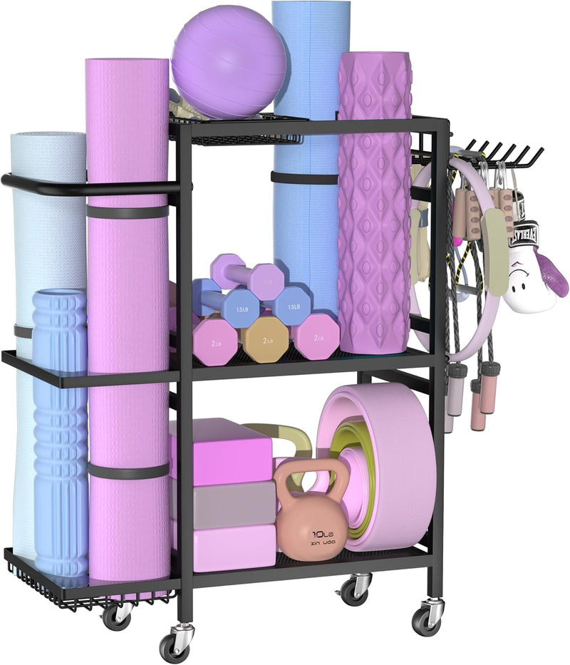 Home Gym Storage Rack, 3 Tier Yoga Mat Storage Rack with Wheel for Yoga Lover, Exercise Equipment and Workout Equipment Organizer, Yoga Mat Holder for Yoga Mats, Foam Roller and Dumbbells