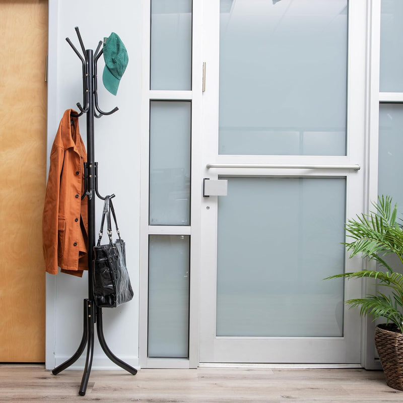 Mind Reader COATRACK11 Standing Metal Coat Rack Hat Hanger 11 Hook for Jacket, Purse, Scarf Rack, Umbrella Tree Stand, Black