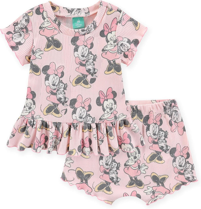 Disney Minnie Mouse Baby Girls 2 Piece Ribbed Top and Shorts Set for Newborn and Infants