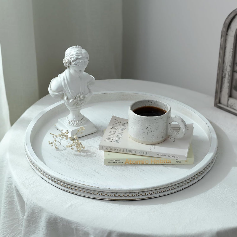 Hanobe Decorative Serving Tray Wood: White Washed Bead Round Tray Decor for Coffee Table Rustic Wooden Trays Farmhouse Centerpiece for Living Room Kitchen Counter