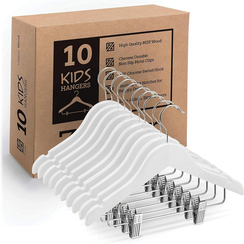 High-Grade Wooden Childrens/Kids Hangers with Clips (10 Pack) Smooth & Durable Wood Baby Hangers/Nursery Hangers 360° Hook & Cut Notches- Great Toddler Hanger for Dress Skirts Pants (WHITE, 10 PACK)