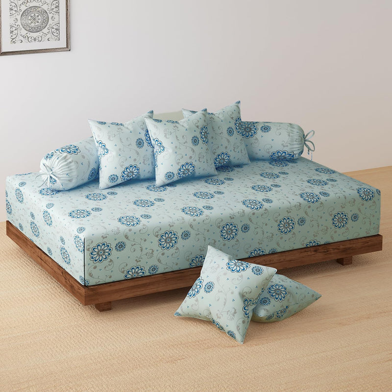HOKIPO Cotton Feel Brushed Microfiber 145 GSM Printed 8 Pcs Diwan Set with 1 Bedsheet 60x90 Inches|2 Bolster Covers 20x27 Inches|5 Pillow Covers 16 Inches (D5-IN-778), Multicolor