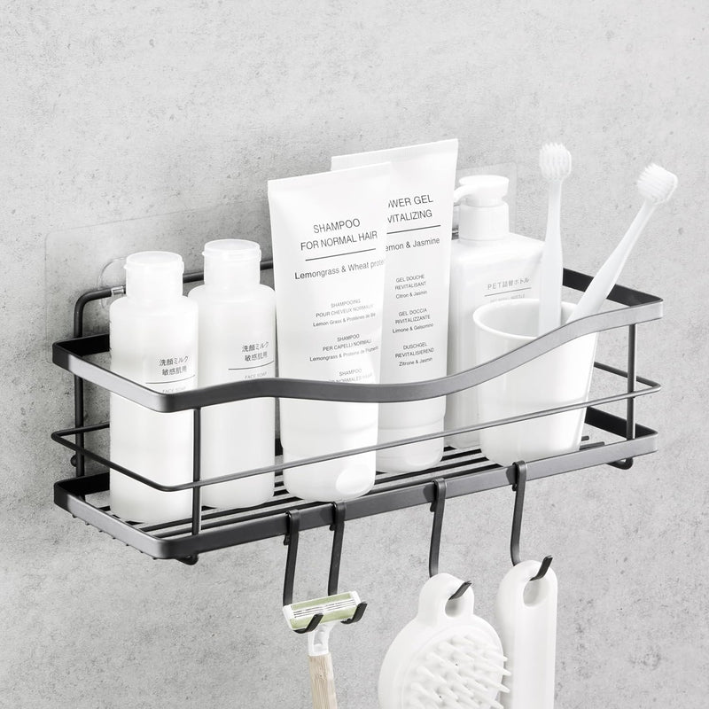 KINCMAX Shower Shelf - Self Adhesive Shower Caddy with 4 Hooks - No Drill Large Capacity Stainless Steel Rack - Aesthetic Organizer for Bathroom Wall Decor - Matte Black