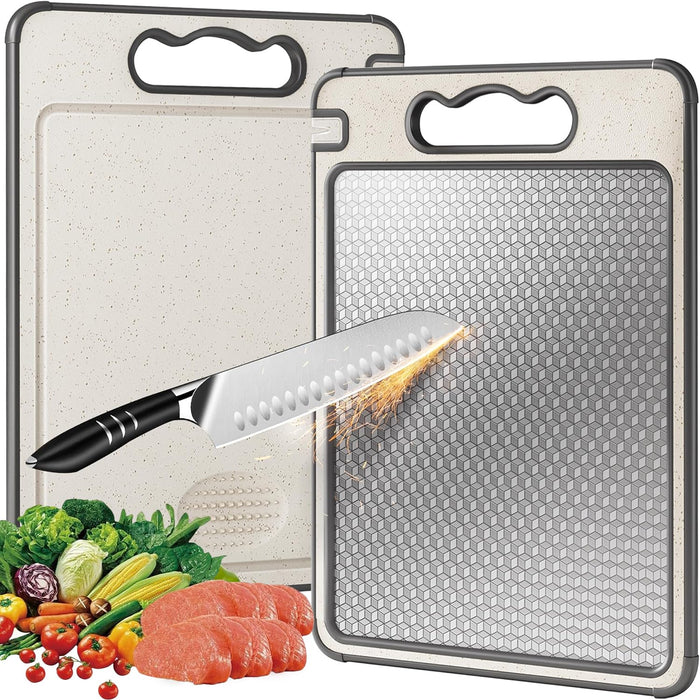 Angju Cutting Board Double Sided,Stainless Steel Cutting Board for Kitchen,Non-slip Scratch-resistant Mesh Design with Juice Groove and Knife sharpener,Food-Grade Wheat Straw PP Chopping Board
