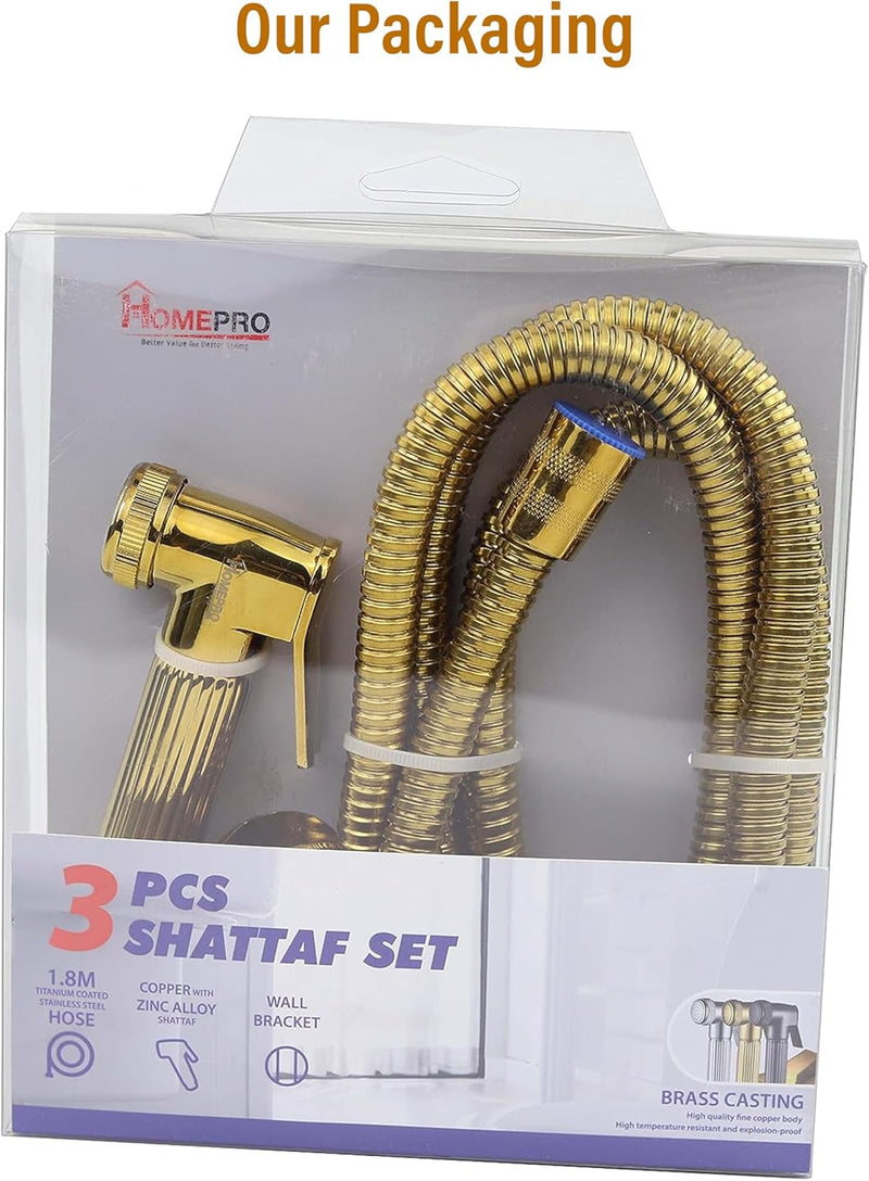 HomePro Bidet Sprayer Set With 1.8 Meter Long Hose Handheld Bidet Sprayer for Toilet Diaper Sprayer Bathroom Shattaf Set for Personal Hygiene, Multipurpose - Chrome Finish (Golden)