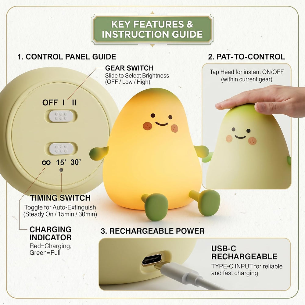 Mango Silicone Night Light for Kids JXJA038 Cute Squishy LED Touch Control Sleep Lamp, Dimmable Warm Glow Nursery Light, Rechargeable Type-C with Auto-Off Timer, Bedside Baby Room Gift