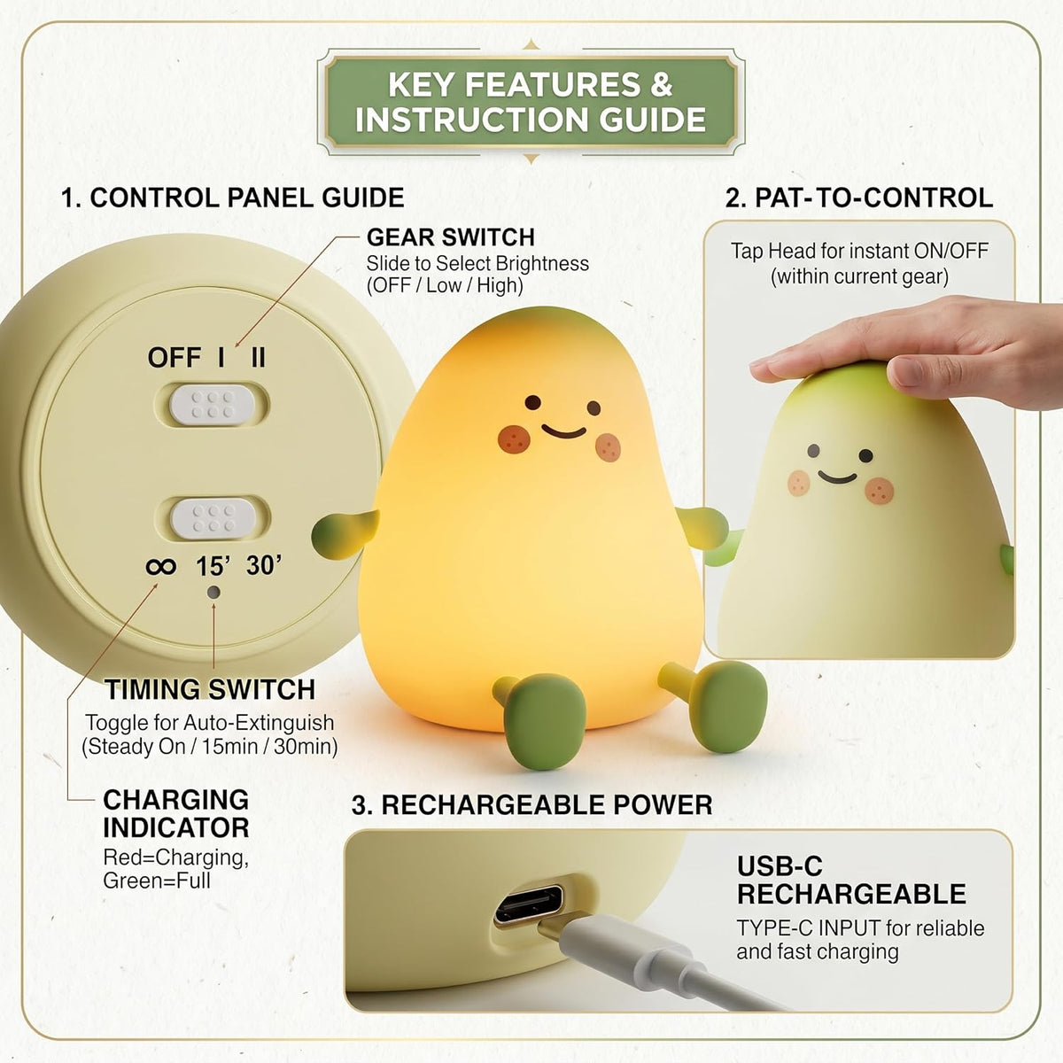 Mango Silicone Night Light for Kids JXJA038 Cute Squishy LED Touch Control Sleep Lamp, Dimmable Warm Glow Nursery Light, Rechargeable Type-C with Auto-Off Timer, Bedside Baby Room Gift – image 6