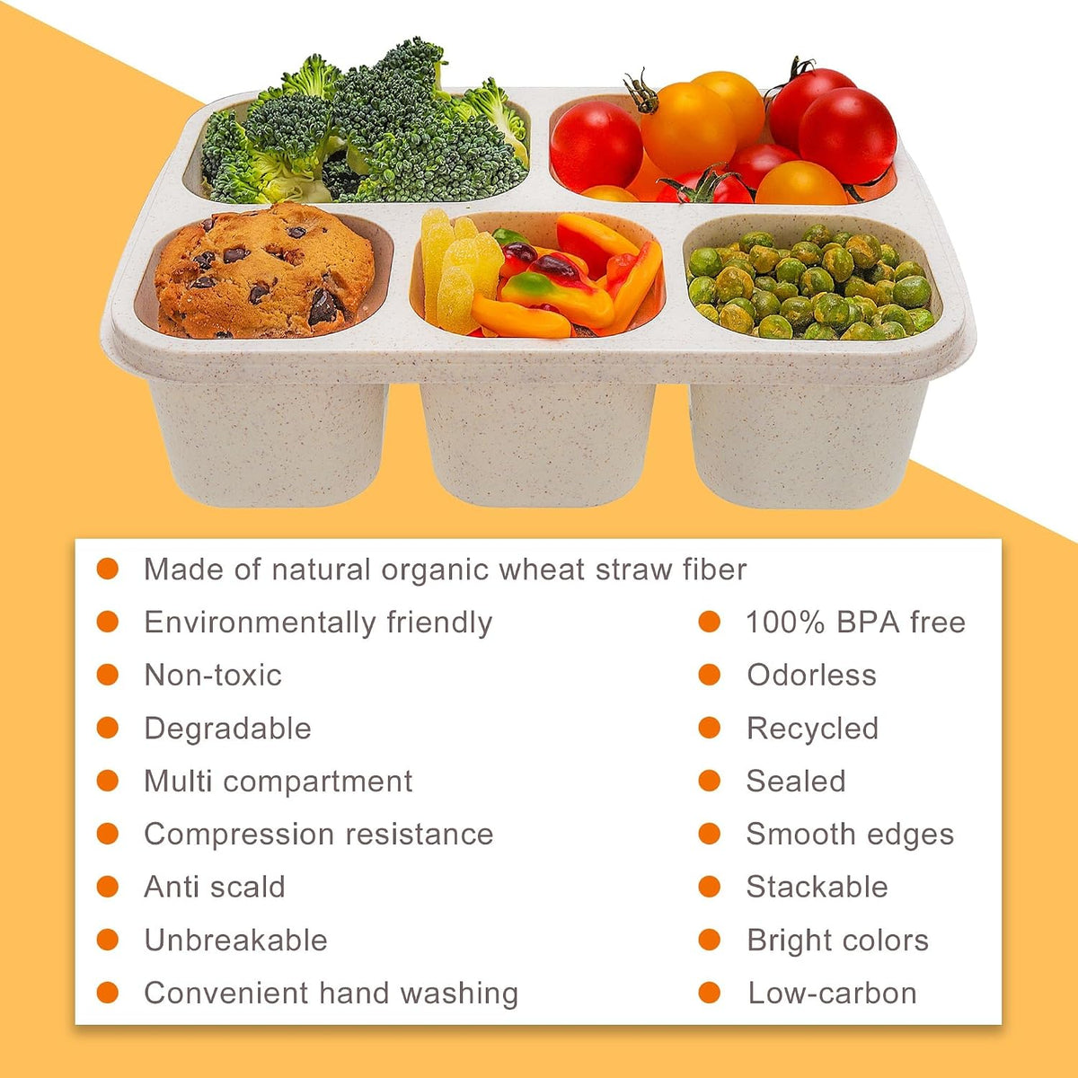 4 Pcs Wheat Straw PP 5-Compartment Bento Lunch Box, Reusable Snack Box Container for Adults and Kids, Food Storage Box for School, Work, Travel, Meal Prep Containers – image 9