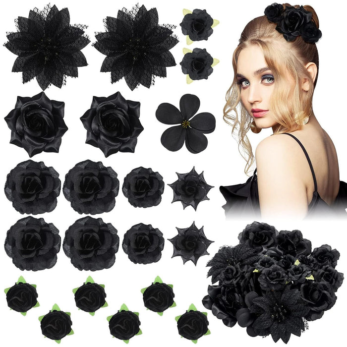 Tazweeq 21 Pcs Flower Hair Clip, Artificial Flower Alligator Clips, Womens Girls Bridal Handmade Artificial Dark Rose Floral Barrettes Hair Clips, Black Hair Accessories (Black)