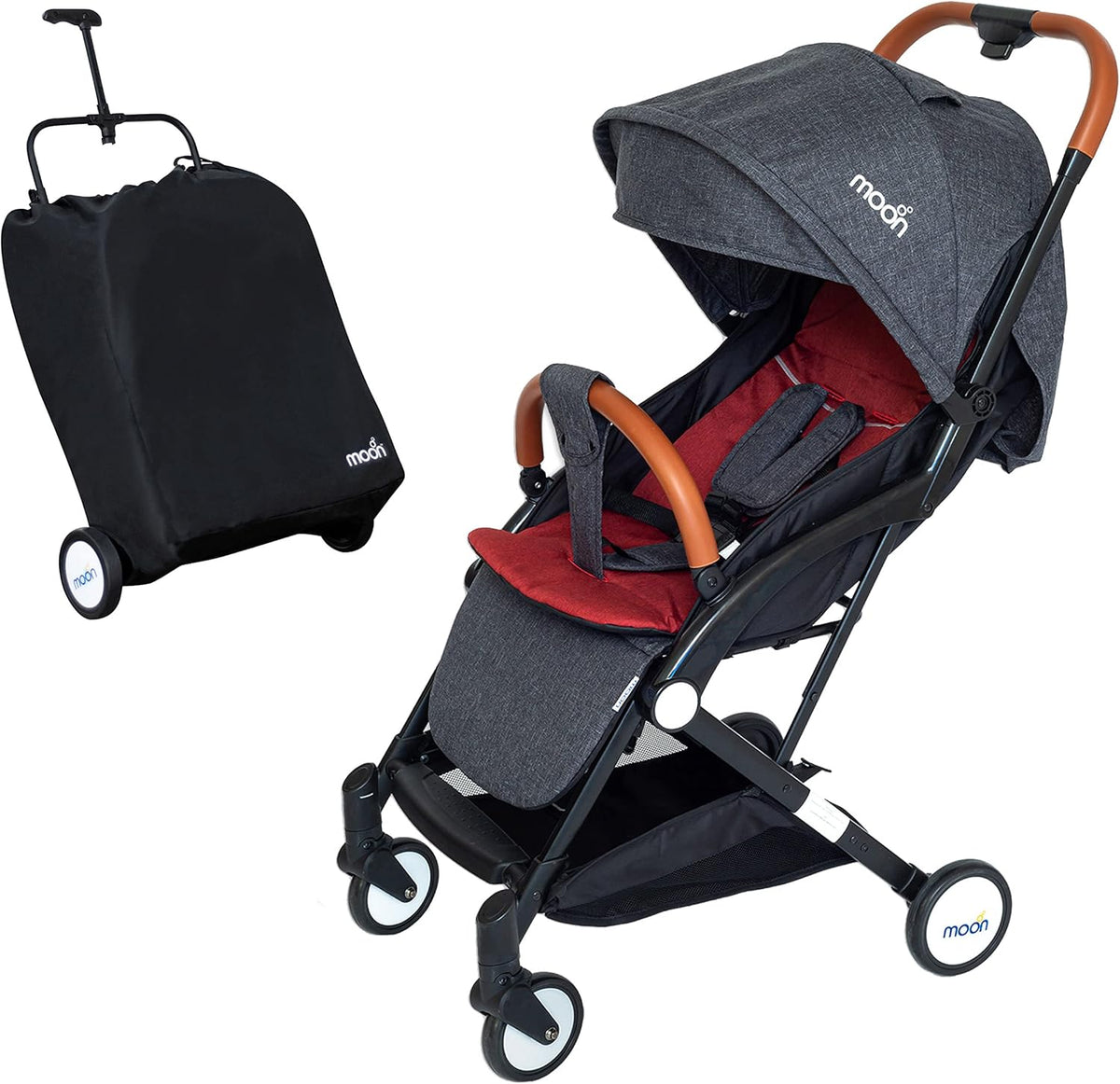 The Moon Brand Ritzi Light Weight Travel Cabin Stroller / Pushchair for Baby/Kids/Toddler from 0 Months+ (Upto 18 kg)-Multi-Postion Reclining Seat- Storage Basket - Shoulder Strap Black/Red β image 2