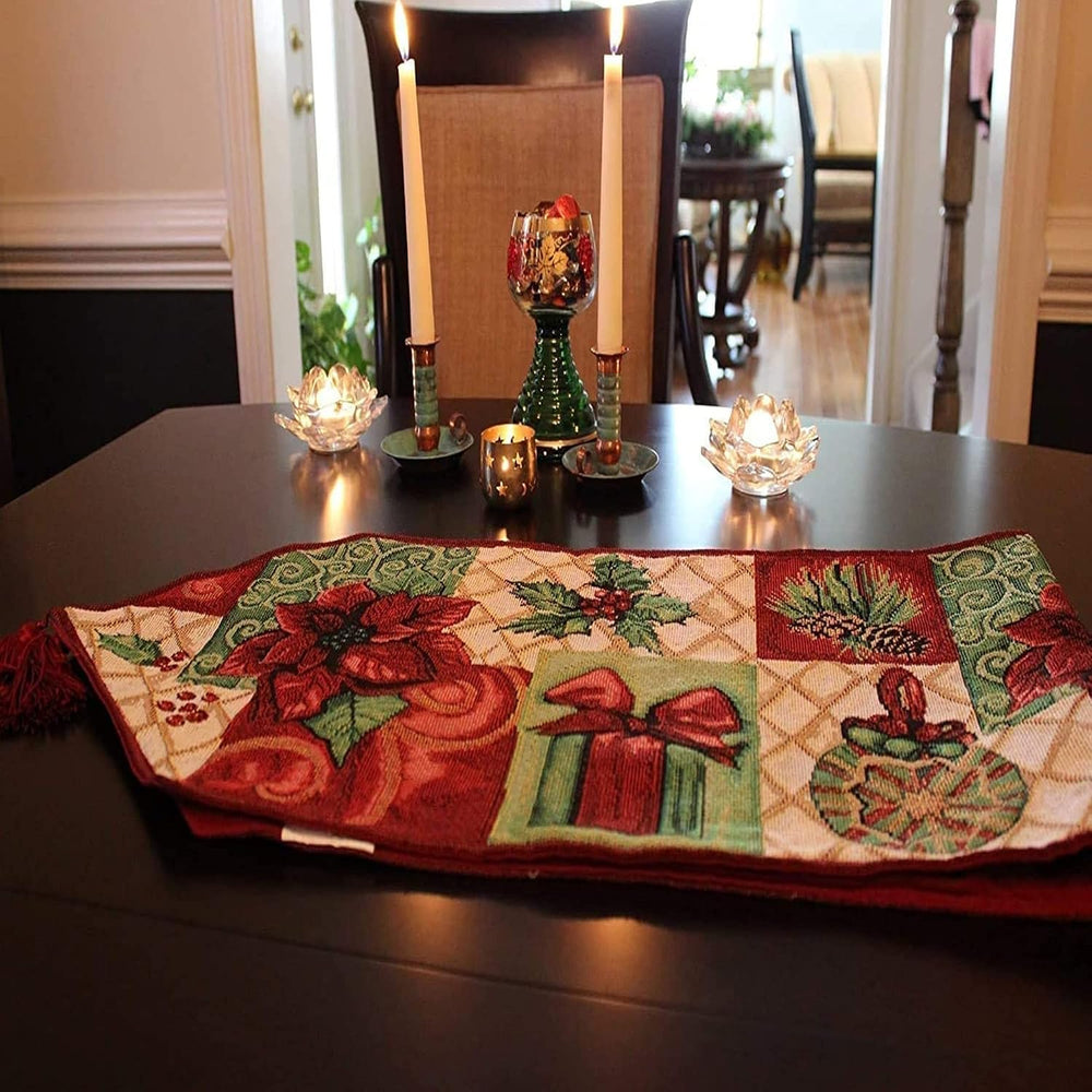 Sulfar Christmas Decorative Table Runner 13 x 71 inch Cotton Table Cloth with Tassels Floral Sofa Table Decor for Christmas & Thanksgiving Party