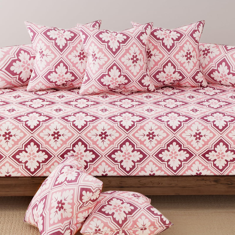 HOKIPO Cotton Feel Brushed Microfiber 145 GSM Printed 8 Pcs Diwan Set with 1 Bedsheet 60x90 Inches|2 Bolster Covers 20x27 Inches|5 Pillow Covers 16 Inches (D5-IN-778), Multicolor