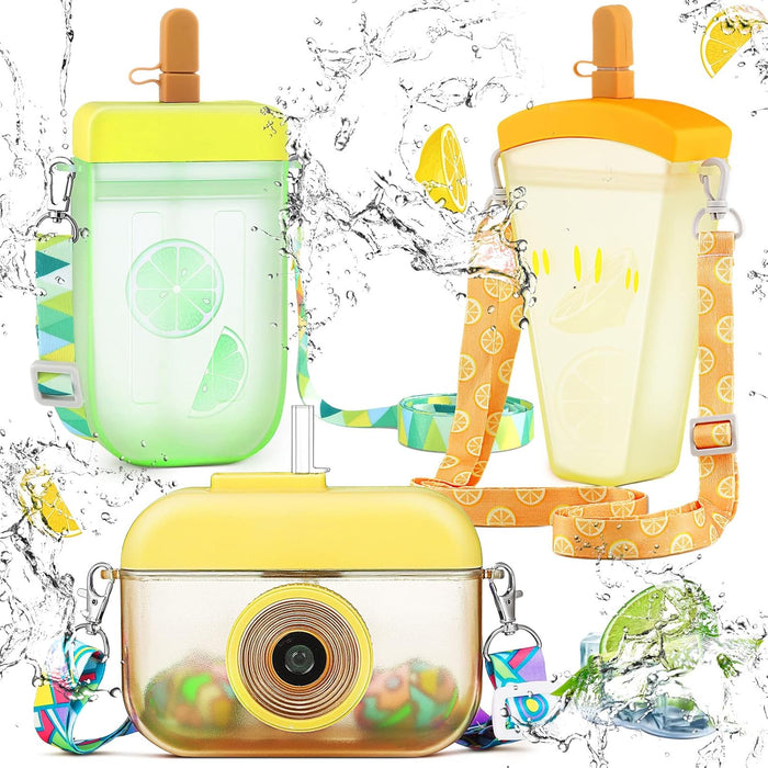 Honeydak 3 Pieces Cute Water Bottles with Straws Creative Kawaii Camera Shaped Ice Cream Bar Watermelon Adjustable Strap Plastic Water Bottle for Travel School Sport Kids (Fresh Style, Yellow)