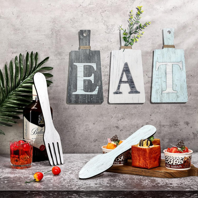 Jetec Cutting Board Eat Sign Set Hanging Art Kitchen Fork and Spoon Wall Decor Rustic Primitive Country Farmhouse for Home Decoration ()