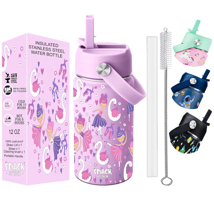 Snack Attack SA Kids Water Bottle for School Insulated water bottle with Straw Lid, Kids water bottle stainless steel, Double Wall, Baby water bottle, Steel water bottle (Lialc Ballerina)