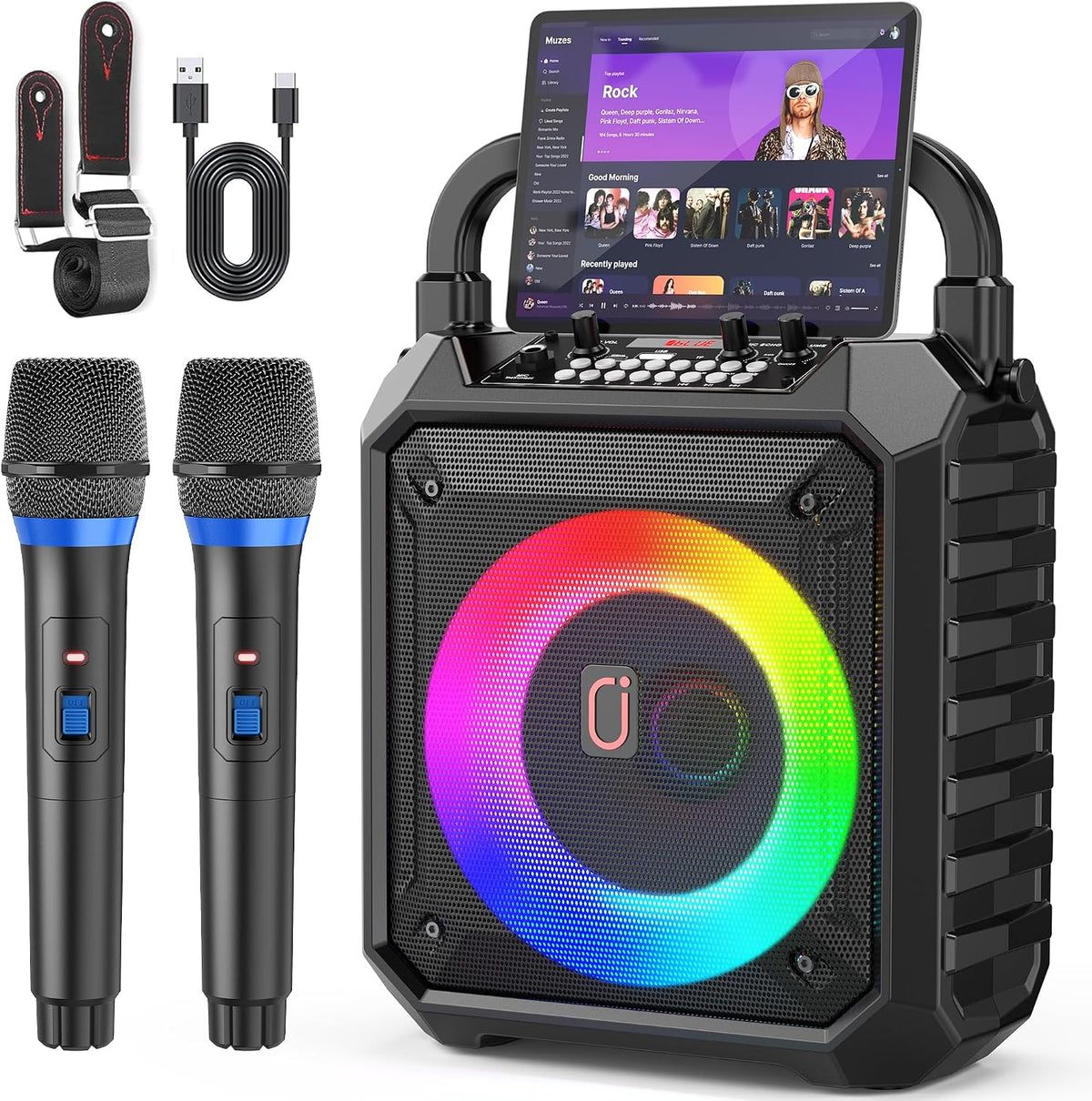 Karaoke Machine for Adults & Kids with 2 Wireless Microphones, Portable Bluetooth Speaker with LED Lights, Supports USB/TF Card/AUX for Party โ image 1