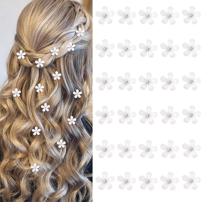 30 Pcs Mini White Rhinestone Flower Hair Clips for Girls, Cute Hair Claw Clips for Women, Decotative Wedding Bridal Hair Barrettes and Pins for Brides Parties Festivals (White)