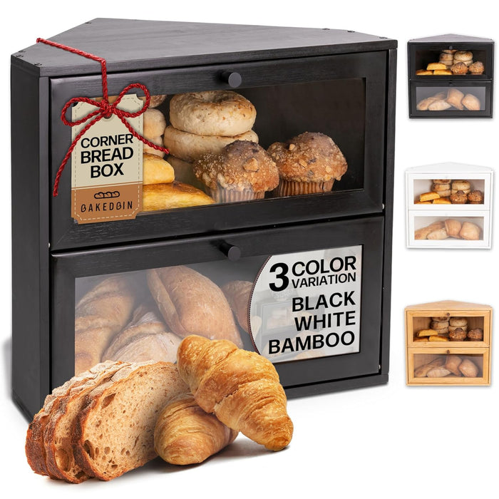 BakedBin Corner Bread Box for Kitchen Countertop - New 2025 Airtight Design - Extra Large Double Layer Bread Boxes, Vintage Bread Storage for Homemade Bread, Under Cabinet Organizer, Black BreadBox
