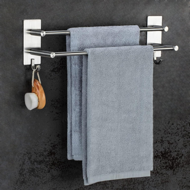 JS Bathroom Towel Holder Adhesive, 43.5cm/17.1 Inch Towel Rack No Drill Dual Rod with 2 Hooks, 304 Stainless Steel, Anti-rust Towel Rail for Shower/kitchen
