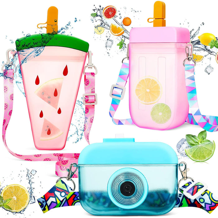 3 Pieces Cute Water Bottles with Straws Creative Kawaii Camera Shaped Ice Cream Bar Watermelon Adjustable Strap Plastic Water Bottle for Travel School Sport Kids (Fresh Style, Red, Pink, Blue)