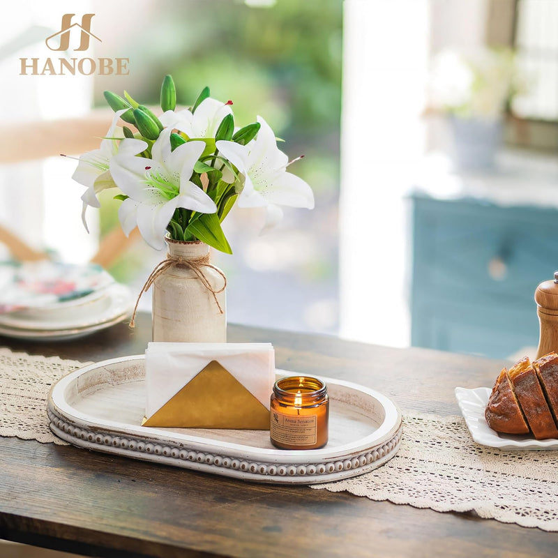 Hanobe Decorative Serving Tray Wood: White Washed Bead Round Tray Decor for Coffee Table Rustic Wooden Trays Farmhouse Centerpiece for Living Room Kitchen Counter